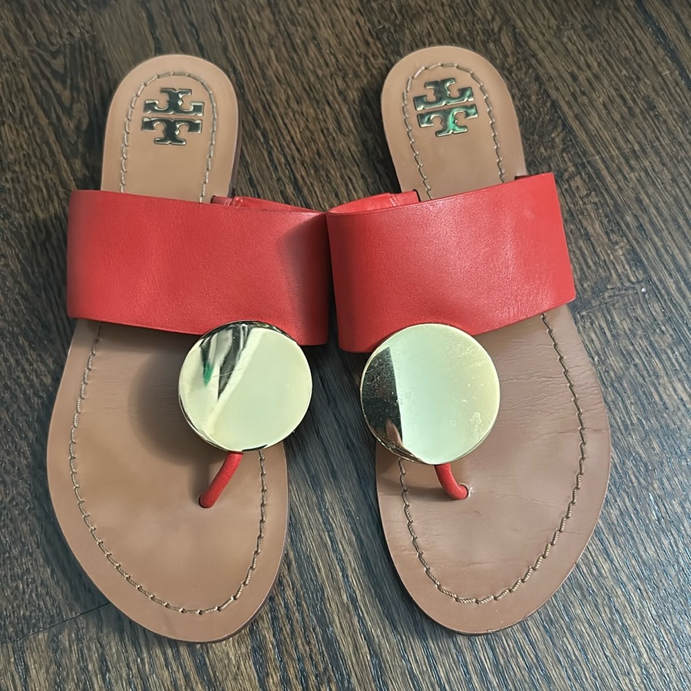 Tory Burch Patos Sandal Disk Red Leather Size 6 Thong Slip-on Flat Slides